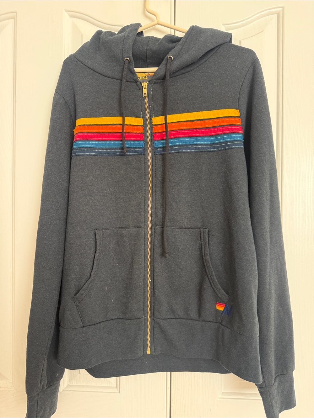 Men’s aviator nation Charcoal Zip Hoodie with Rainbow Chest Stripes